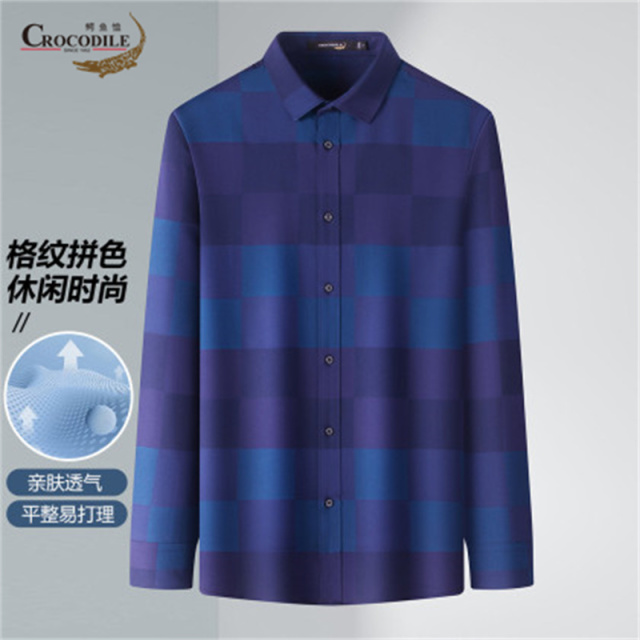 13440504.鳄鱼恤百搭格纹春夏经典格纹拼色男式长袖休闲衬衫男