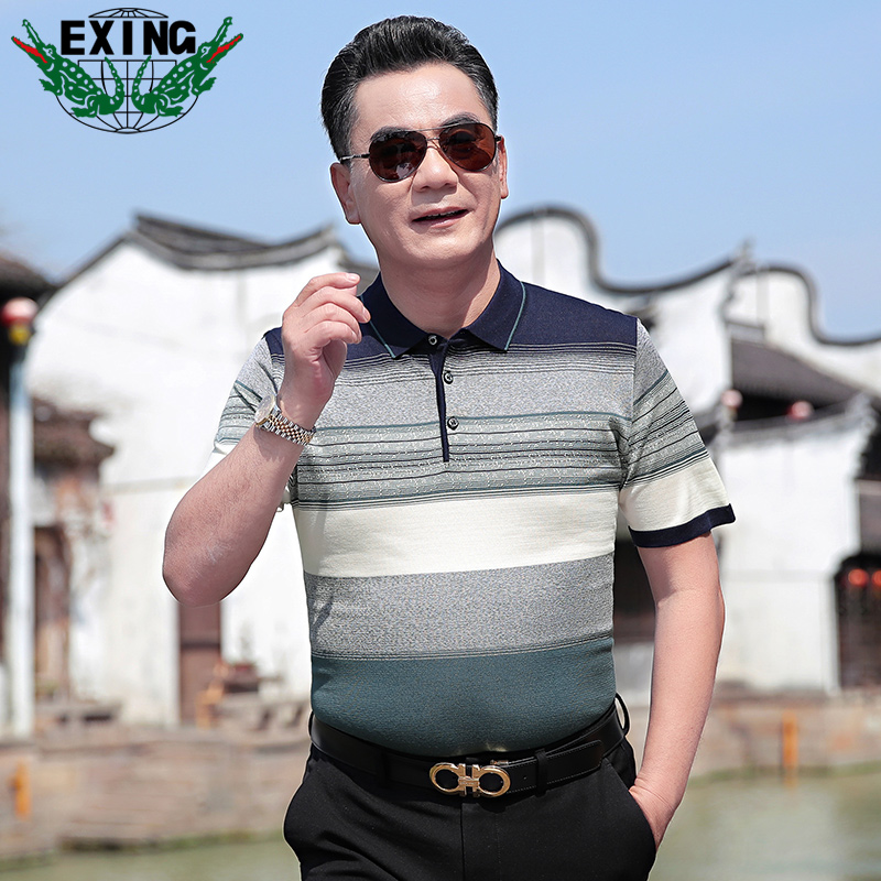 13441039.EXING中老年男士时尚休闲针织条纹POLO衫R331