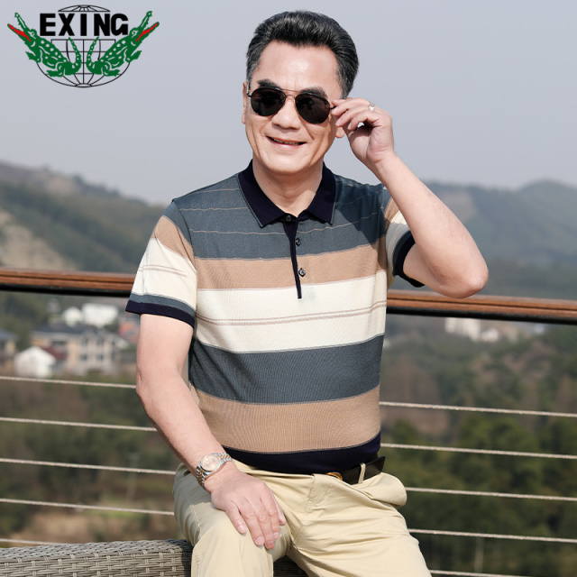 13441064.EXING中老年男士时尚休闲针织条纹POLO衫R321