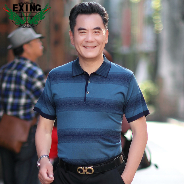13441052.EXING中老年男士时尚休闲针织条纹POLO衫R71