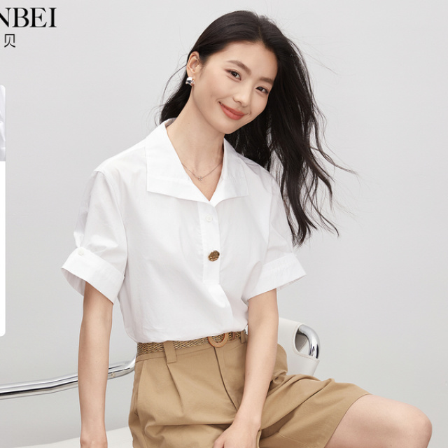 13439176.曼贝白色休闲职业衬衫2026夏季新款女装翻领气质百搭显瘦独特上衣