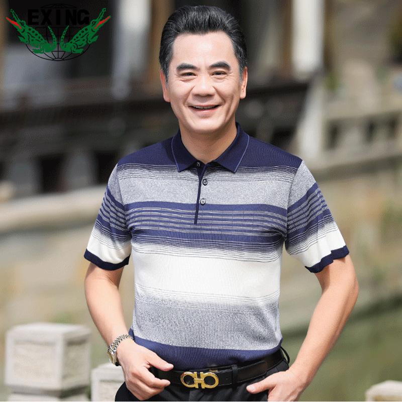 13441049.EXING中老年男士时尚休闲针织条纹POLO衫R79