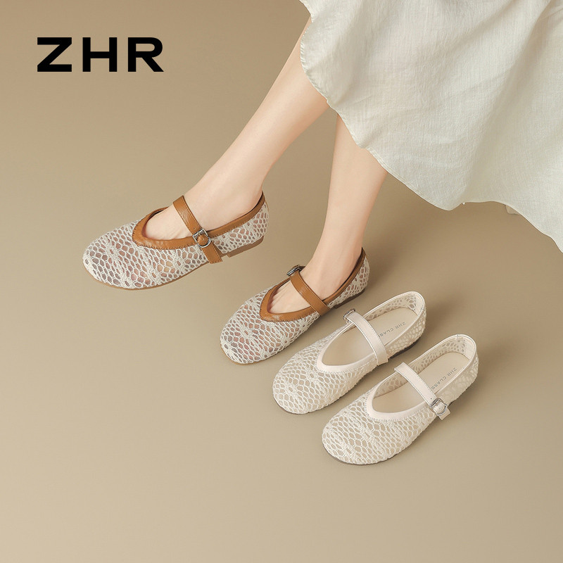 13641151.【ZHR则则】平底玛丽珍鞋圆头搭扣平底女鞋[网纱+织物+PU]