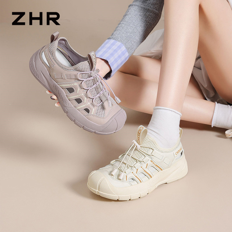 13439273.【ZHR则则】户外休闲鞋圆头扣带搭扣厚底女鞋[米杏：网布+PU；紫色：网布+超纤]