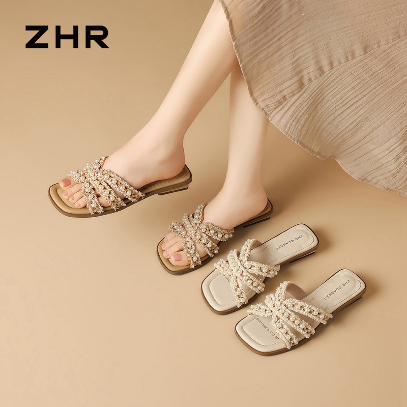 13439282.【ZHR则则】平底拖鞋方头套脚平底女鞋[绒布+PU（珍珠绒布下）]