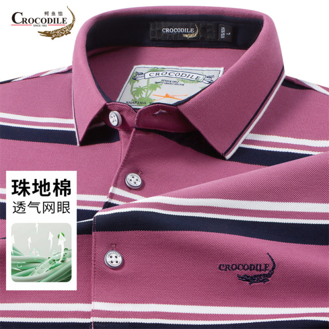 13440494.鳄鱼恤条纹珠地棉夏季休闲百搭男式短袖polo衫男