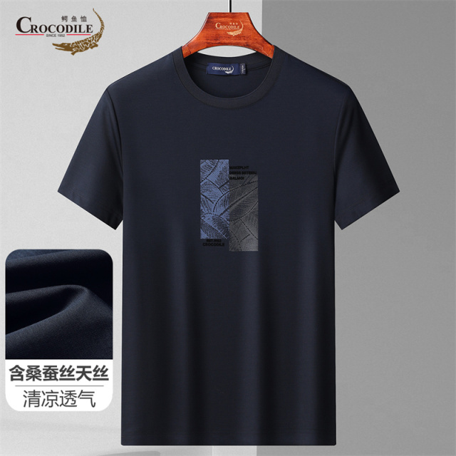 13440506.鳄鱼恤夏季含桑蚕丝天丝清凉透气简约树叶印花男式短袖T恤男