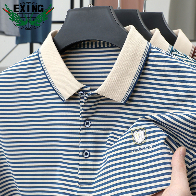 13441034.EXING男士时尚休闲翻领条纹POLO衫