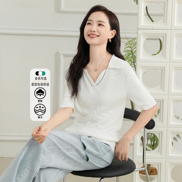 13445914.【专柜同款】V领针织衫夏季纯色显瘦套头衫薄款短袖女式上衣