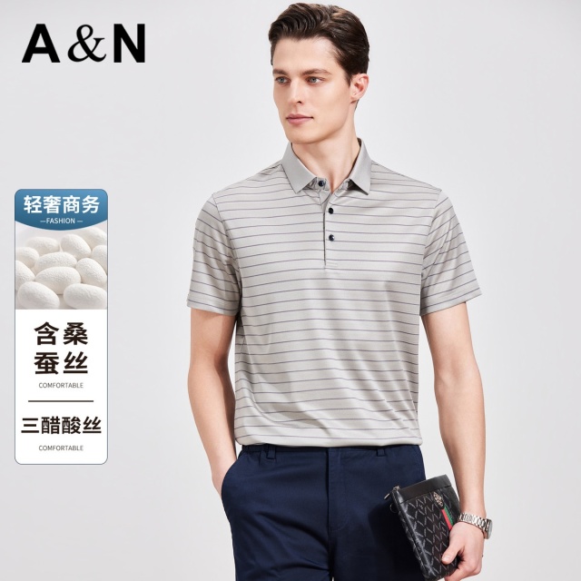 13441767.【轻奢商务】三醋酸含桑蚕丝POLO衫男短袖夏季宽松条纹T恤