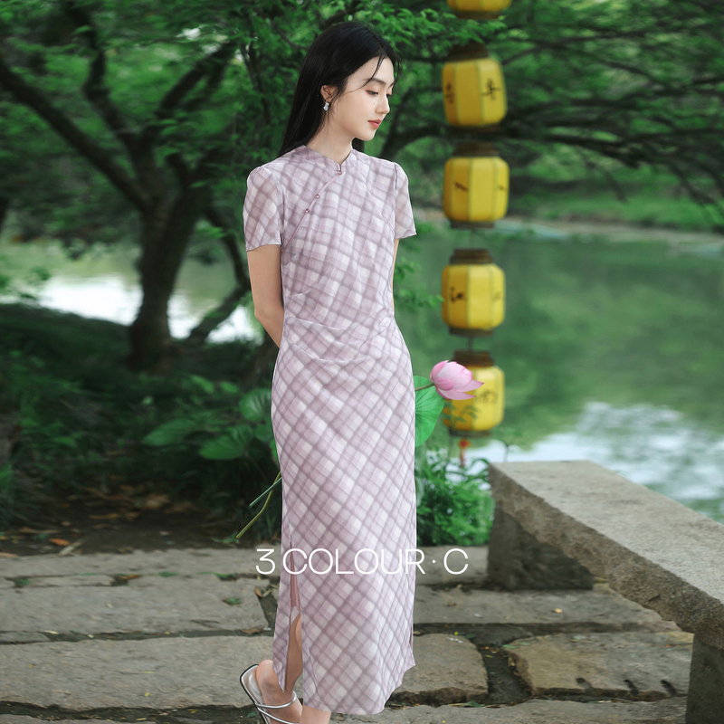 13445011.【荷风送香】三彩2026夏季新款新中式连衣裙格纹网纱印花长裙C