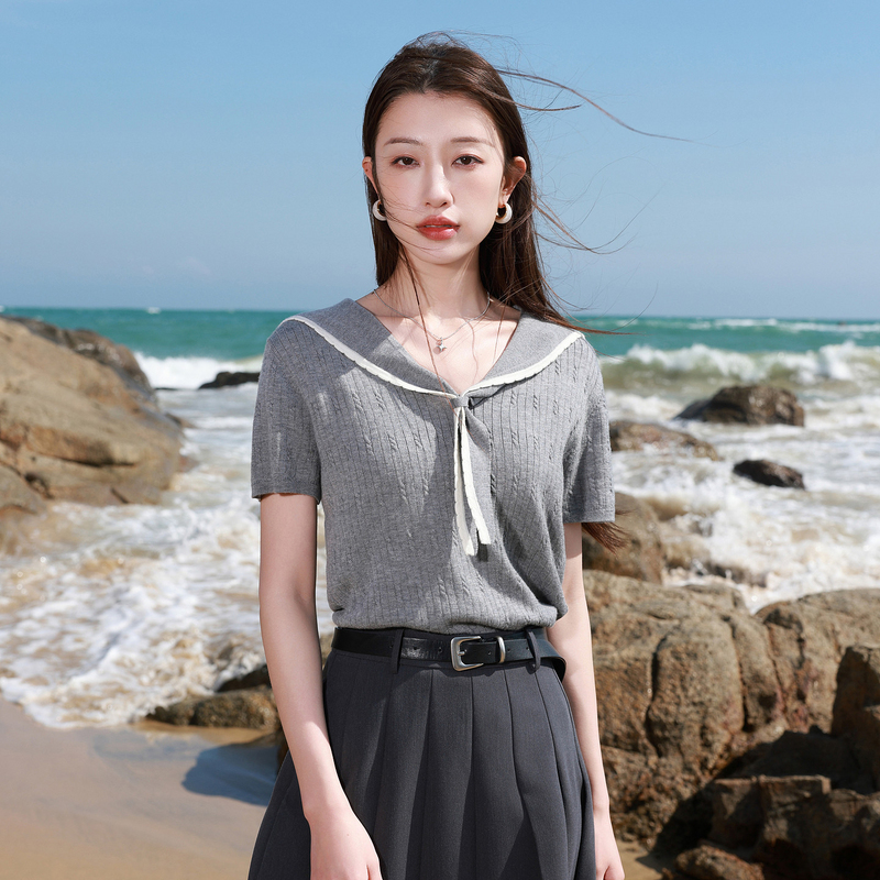 13445299.三彩若潮大码女装2026夏季新款海军领针织衫绞花短袖藏肉微胖MM