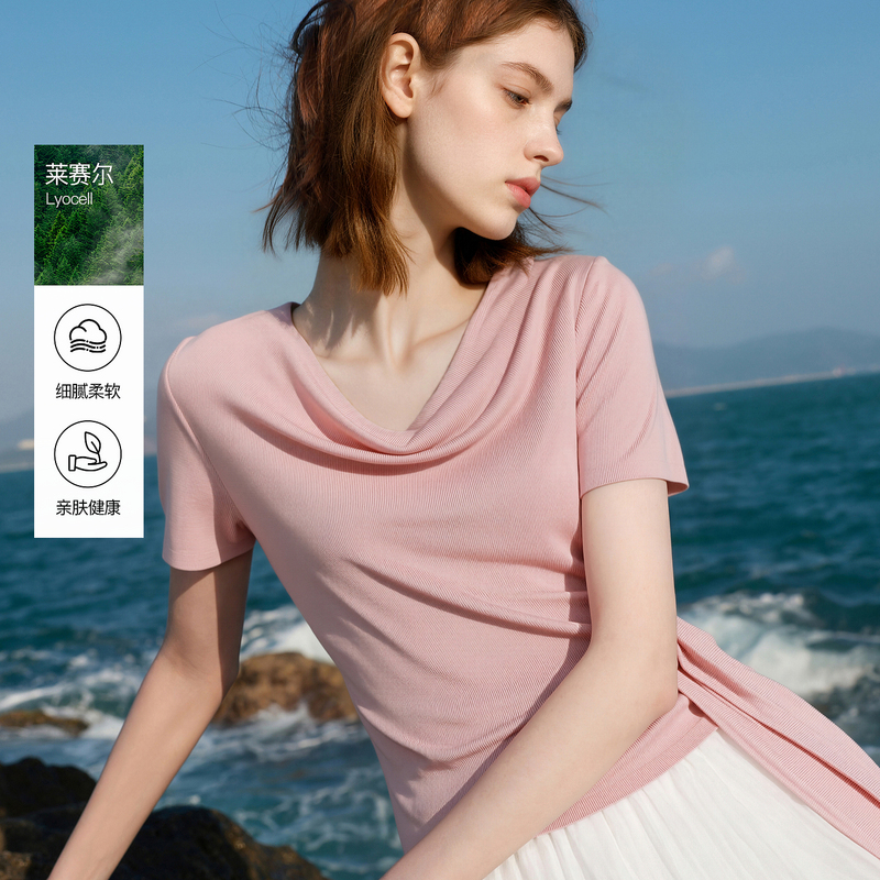 13443034.【100莱赛尔】三彩ibudu2026夏季新款荡领针织衫短袖绑带短款女