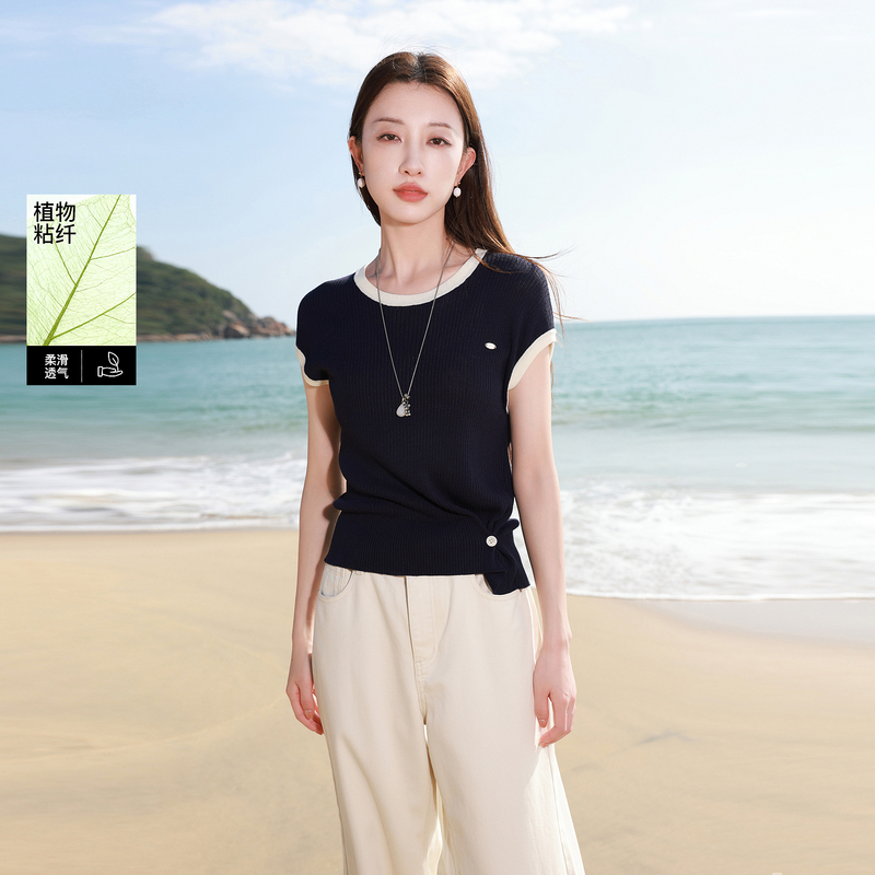 13445314.三彩若潮大码女装2026夏季新款圆领针织衫藏青修身显瘦短袖微胖MM