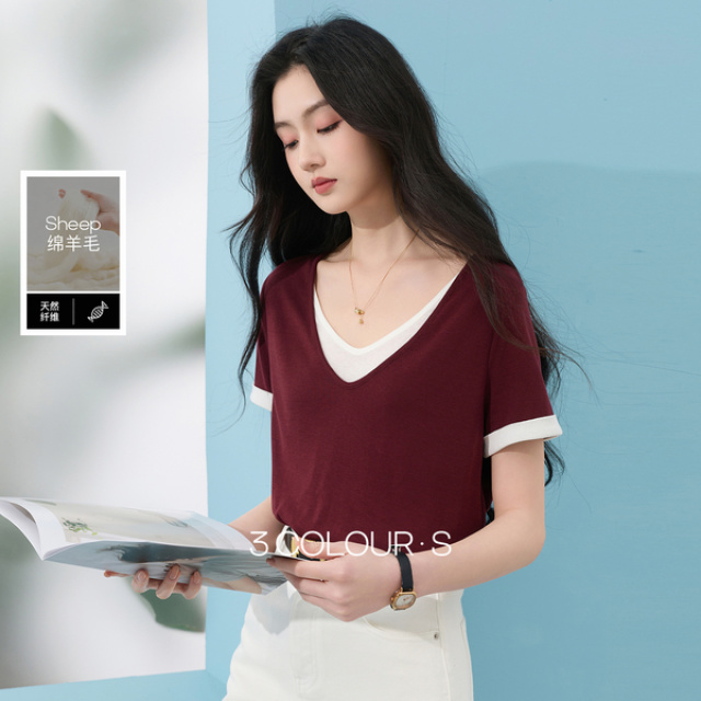13443775.【莱赛尔羊毛】三彩2026夏季新款假两件T恤短袖撞色套头上衣S