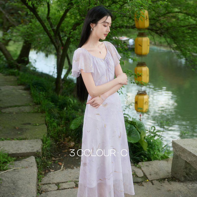 13443555.【一溪风月】三彩2026夏季新款新中式连衣裙烫金A字长裙C
