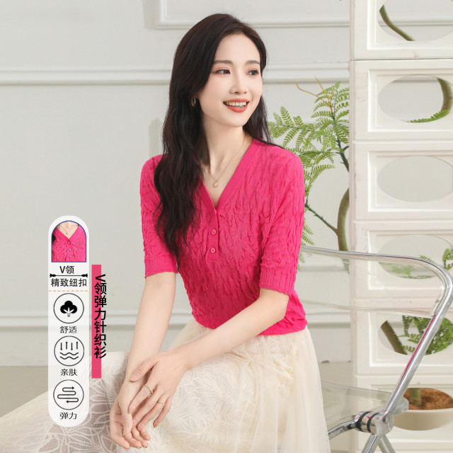 13445750.【专柜同款】薄款针织T恤夏季修身高弹纯色简约短袖女式上衣