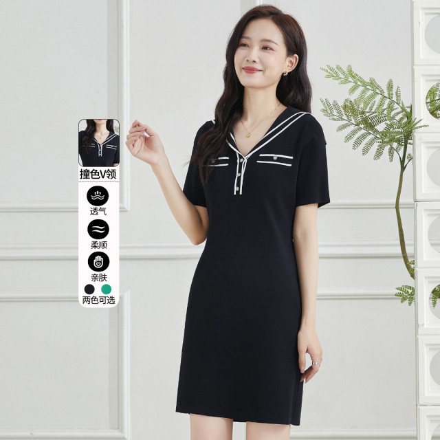 13445979.【专柜同款】连衣裙夏季时尚撞色V领针织裙气质显瘦女式中长裙