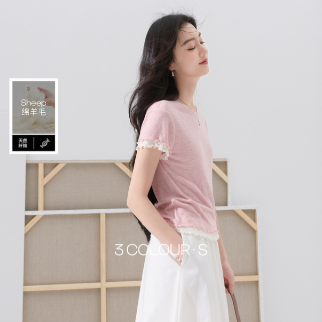 13443783.【莱赛尔羊毛】三彩2026夏季新款假两件T恤撞色短袖修身S