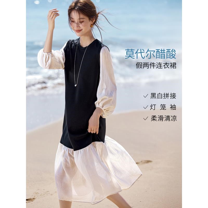 13442790.【春风起时】2026春季新含醋酸假两件撞色拼接泡泡袖显瘦长款连衣裙