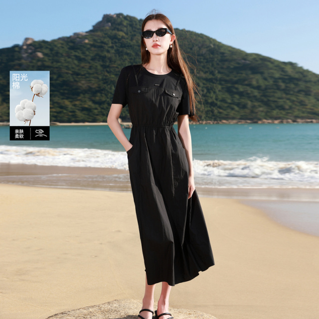 13445298.三彩若潮大码女装2026夏季新款假两件连衣裙收腰藏肉长裙微胖MM