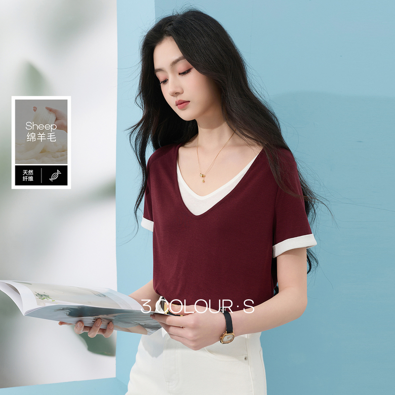 13443775.【莱赛尔羊毛】三彩2026夏季新款假两件T恤短袖撞色套头上衣S