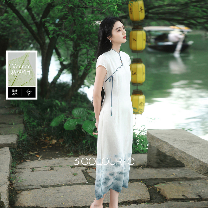 13441906.【步步生莲】三彩2026夏季新款新中式连衣裙印花开叉立领长裙C