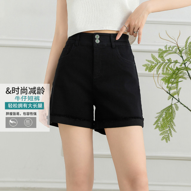13445704.【专柜同款】【牛仔短裤】夏季高腰显瘦弹力休闲女式直筒裤