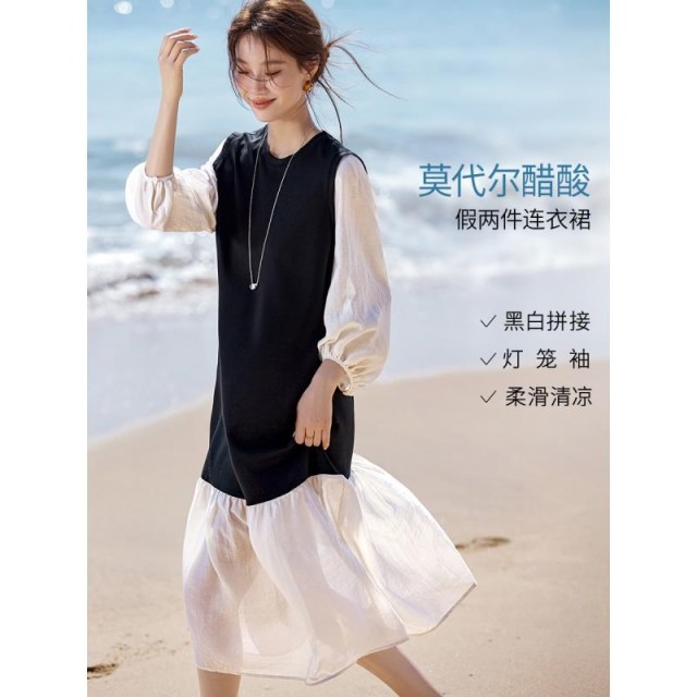 13442790.【春风起时】2026春季新含醋酸假两件撞色拼接泡泡袖显瘦长款连衣裙