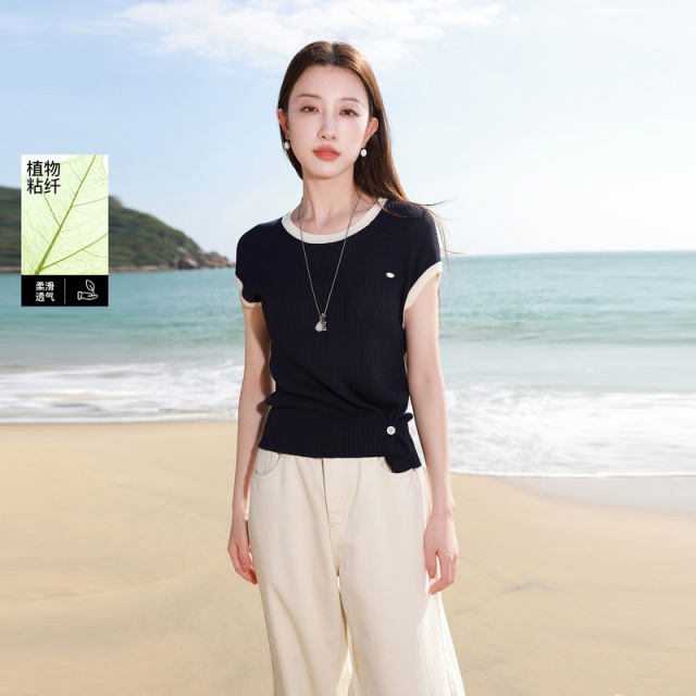 13445314.三彩若潮大码女装2026夏季新款圆领针织衫藏青修身显瘦短袖微胖MM