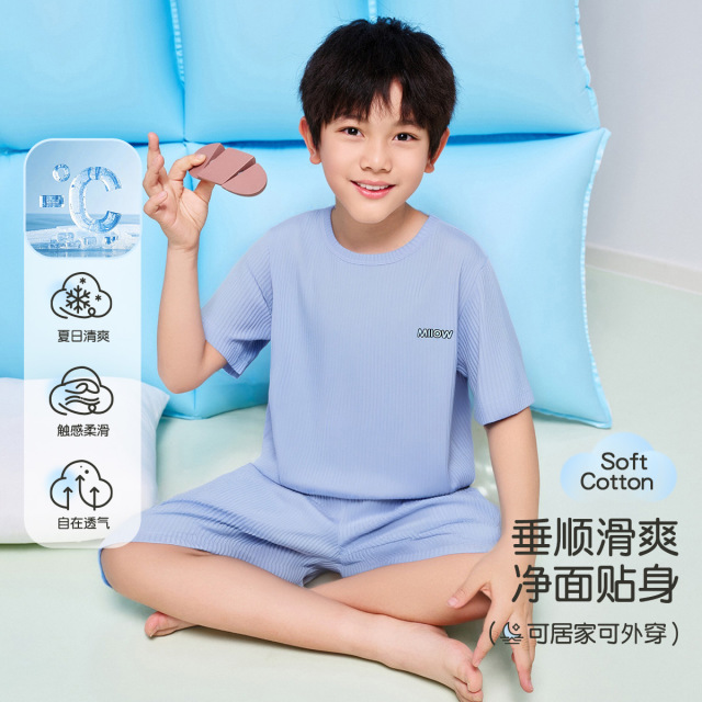 13445829.【福利清仓】【微孔透气】猫人儿童短袖五分裤套装空调服（M凉感套装男/女）