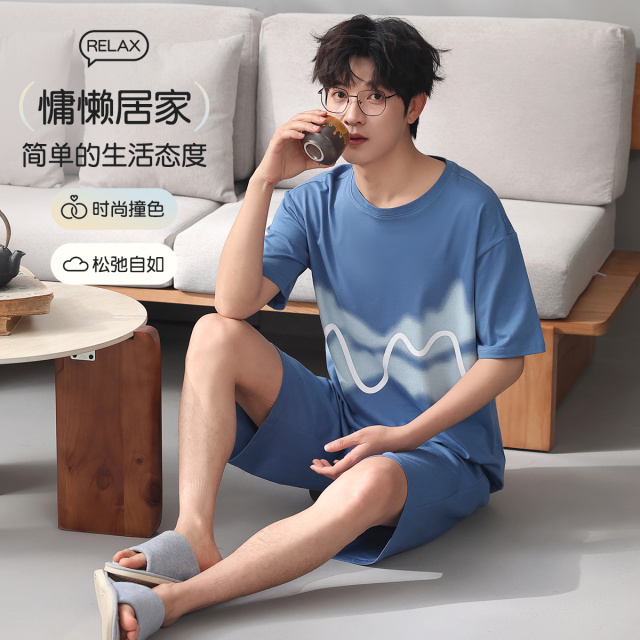 13445741.【100%棉】猫人男士短袖短裤套头套装(M几何曲线短袖男套)