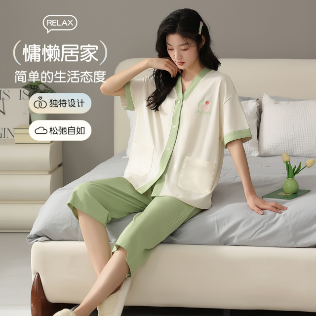 13445721.【100%棉 撞色拼接】猫人女款短袖开衫家居套装可外穿(M撞色领)