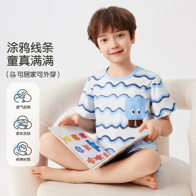 13445828.【福利清仓】【100%棉】猫人男童短袖五分裤套头家居服套装(M口袋海浪)