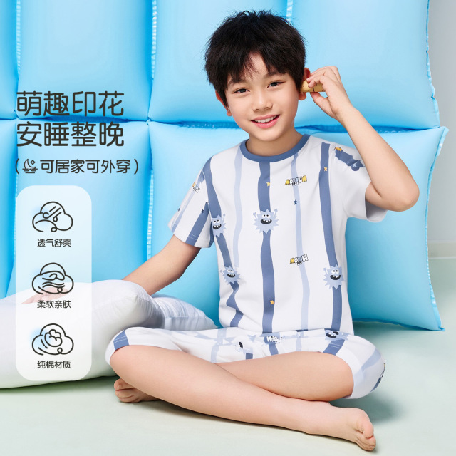 13445830.【福利清仓】【100%棉】猫人男童短袖五分裤套头家居服套装(M满印小怪兽)
