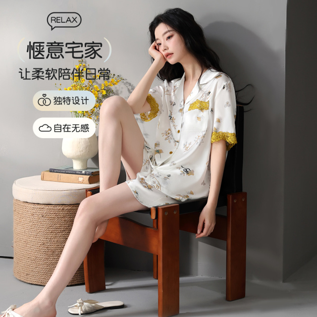 13445739.【丝滑垂顺】猫人女士短袖短裤开衫套装(M蕾丝花卉开衫短袖套)