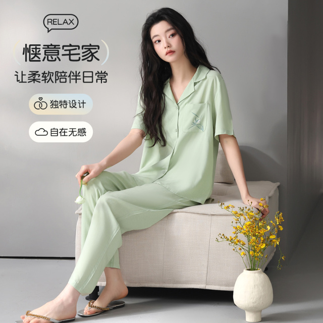 13445746.【天丝莱赛尔】猫人女士短袖长裤开衫套装(M天丝短袖开衫女套)