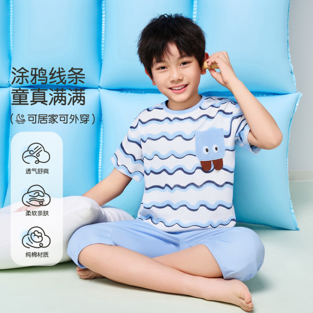 13445833.【福利清仓】【100%棉】猫人男童短袖七分裤套装可外穿家居服（M波浪涛涛）