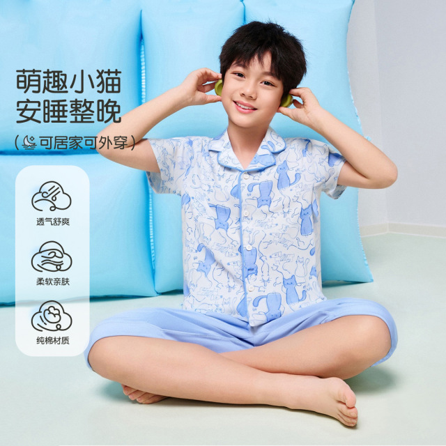 13445827.【福利清仓】【100%棉】猫人男童短袖开衫家居套装(M满印线条猫)