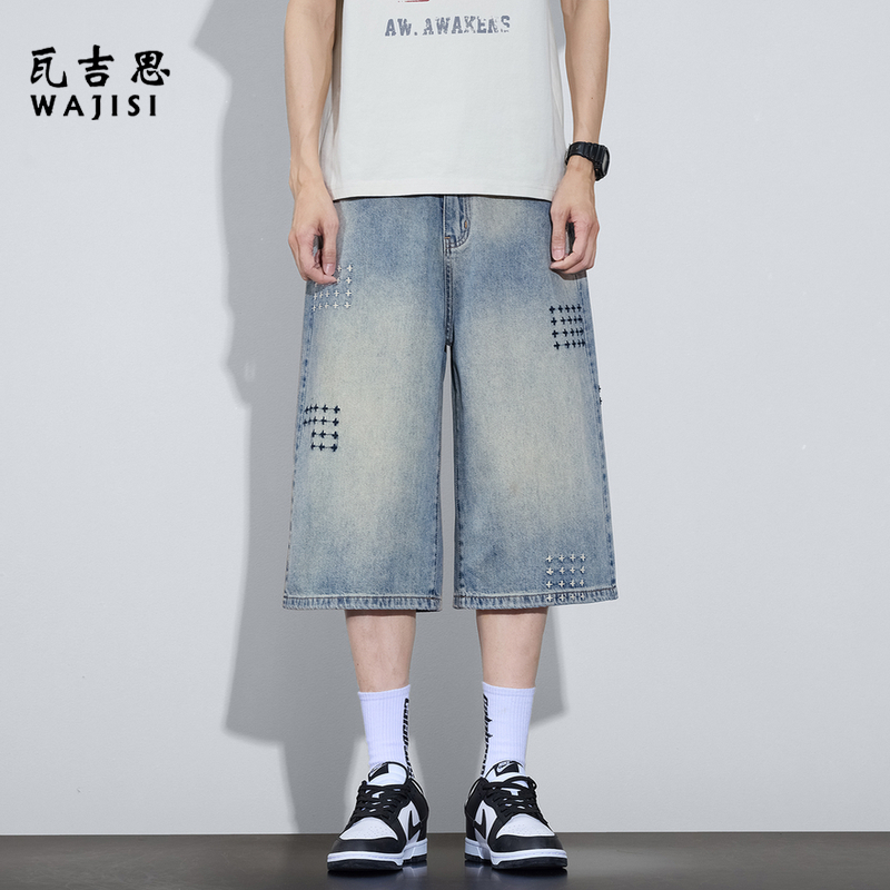 13446575.天丝牛仔短裤男生舒适夏季薄款冰丝中裤工装休闲马裤运动七分裤子