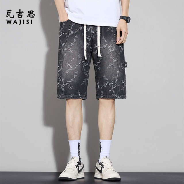 13446626.夏季薄款提花天丝牛仔短裤男宽松直筒五分裤新款潮牌休闲中裤