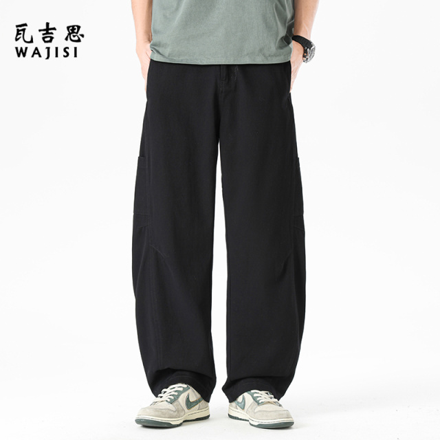 13446528.复古纯棉弯刀裤男夏季潮流男士休闲透气宽松直筒垂感工装裤子