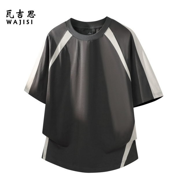 13447103.撞色插肩袖拼接美式圆领短袖T恤男女夏重磅纯棉宽松上衣潮