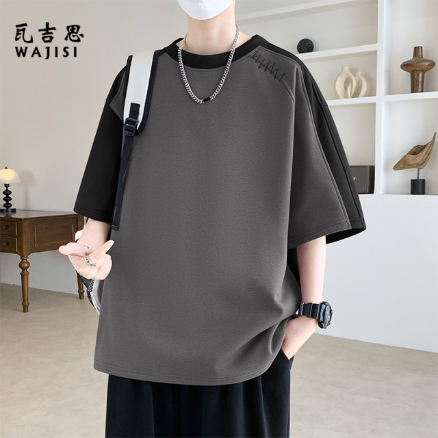 13447123.撞色拼接短袖T恤男夏季宽松锯齿线迹设计感体恤男生百搭休闲上衣