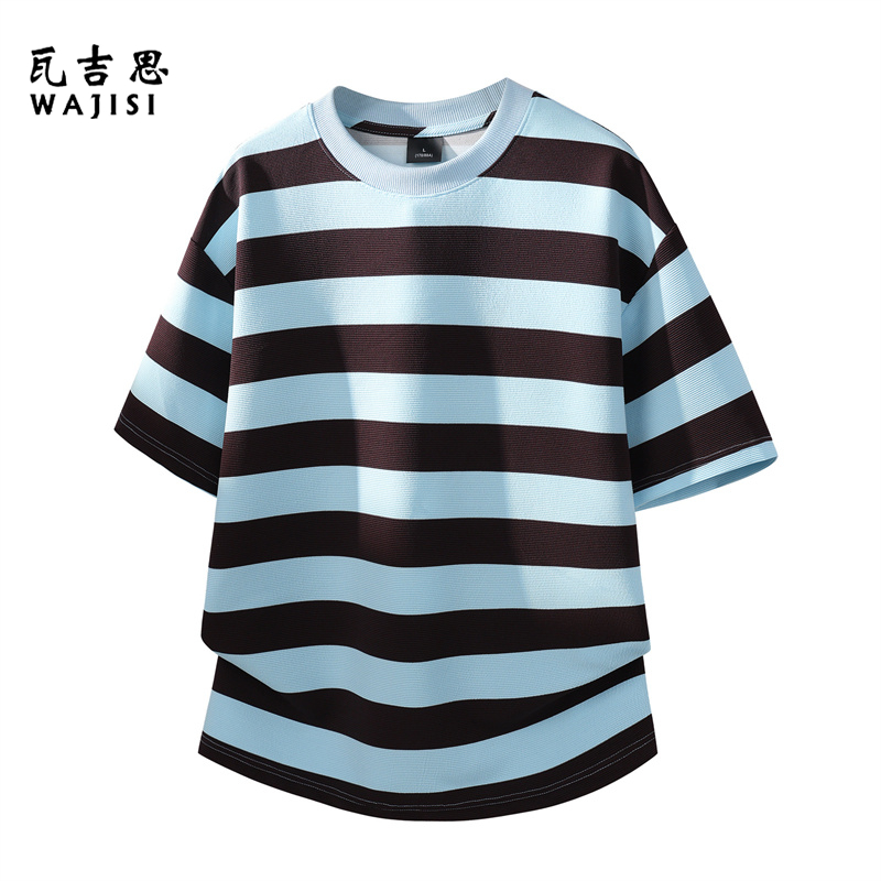 13447098.美式复古风落肩袖条纹短袖T恤男女宽松百搭圆领休闲上衣情侣款