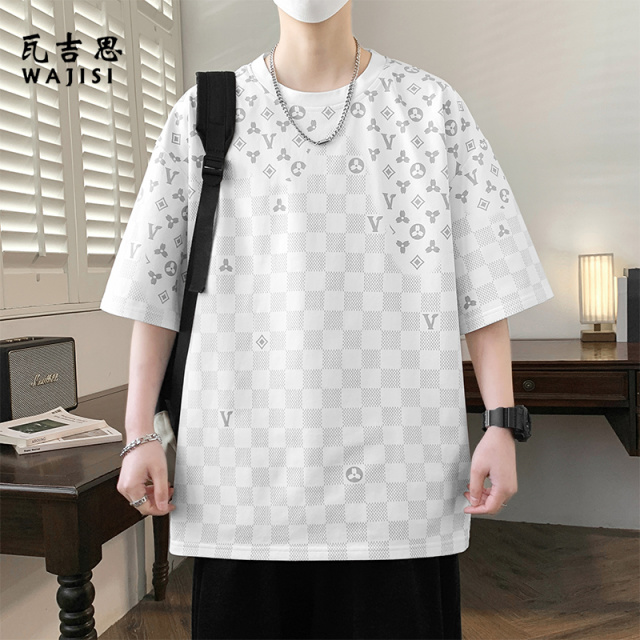 13447204.满印花短袖T恤男冰丝速干青少年学生夏季宽松落肩袖痞帅T恤上衣服
