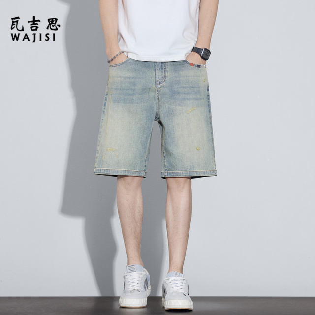 13447180.美式复古水洗牛仔短裤男士夏季薄款宽松直筒五分裤潮牌做旧中裤