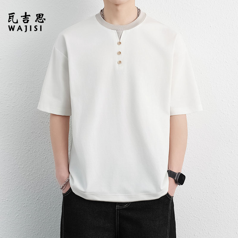 13447158.假两件V领冰丝短袖t恤男士夏季潮牌半袖设计感夏天男生体恤
