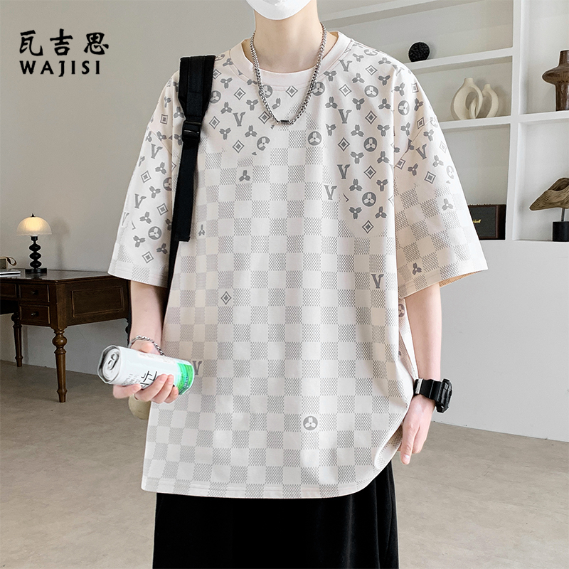 13447204.满印花短袖T恤男冰丝速干青少年学生夏季宽松落肩袖痞帅T恤上衣服