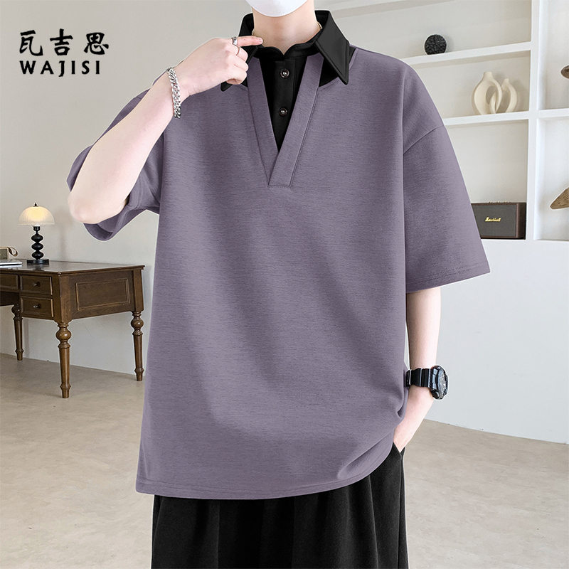 13447113.男士POLO衫短袖T恤翻领休闲宽松百搭大码上衣透气时尚百搭套头衫